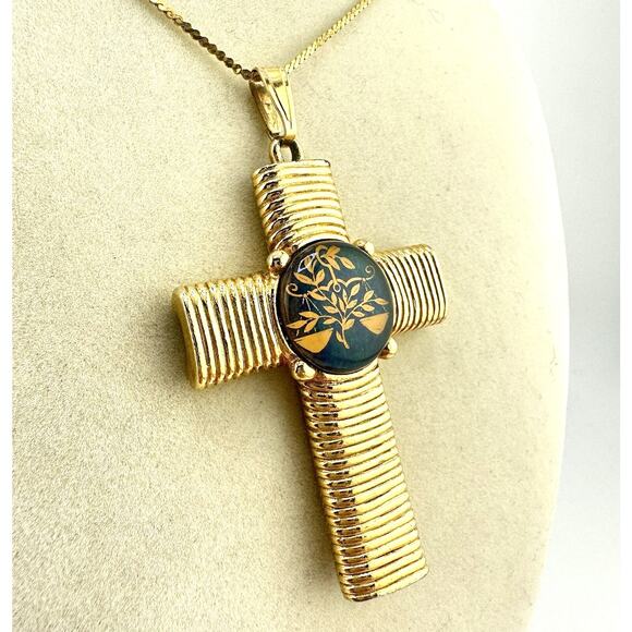 23” Vintage Jeane Dixon Gold Tone Crucifix Libra Zodiac Cabochon Necklace - Picture 1 of 8